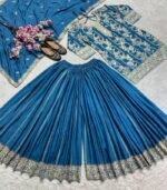 Fabulous Teal Green Pure Chinon Silk With Embroidery Coding Sequence Work Palazzo Suit - Image 2