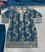 Fabulous Teal Green Pure Chinon Silk With Embroidery Coding Sequence Work Palazzo Suit - Image 3