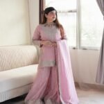 wonderful pink color chinon sequence rivet moti salwar suit