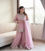wonderful pink color chinon sequence rivet moti salwar suit