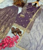 New Designer Party Wear Pure Twil Gold Net Top, Palazzo & Dupatta Set with Heavy Embroidery - Image 3