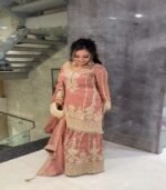 Peach Designer Top Sharara in Chinon With Sequence Embroidery With Dupatta - Image 2