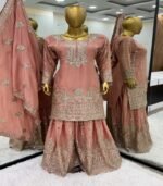 Peach Designer Top Sharara in Chinon With Sequence Embroidery With Dupatta - Image 4