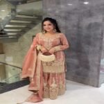 Peach Designer Top Sharara in Chinon With Sequence Embroidery With Dupatta