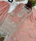 Peach Designer Top Sharara in Chinon With Sequence Embroidery With Dupatta - Image 5