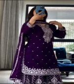 New Beautiful Violet Chinnon Silk Top Sharara With Dupatta For Function & Party - Image 2
