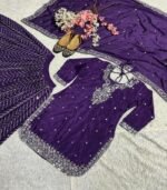 New Beautiful Violet Chinnon Silk Top Sharara With Dupatta For Function & Party - Image 4