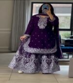 New Beautiful Violet Chinnon Silk Top Sharara With Dupatta For Function & Party