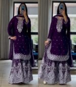 New Beautiful Violet Chinnon Silk Top Sharara With Dupatta For Function & Party - Image 6