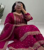 Ready To Wear Dark Pink Chinon Silk Embroidery Work Pant Suit With Dupatta - Image 2