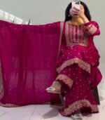 Ready To Wear Dark Pink Chinon Silk Embroidery Work Pant Suit With Dupatta - Image 3