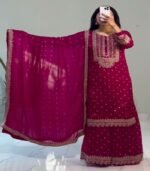 Ready To Wear Dark Pink Chinon Silk Embroidery Work Pant Suit With Dupatta