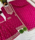 Ready To Wear Dark Pink Chinon Silk Embroidery Work Pant Suit With Dupatta - Image 5