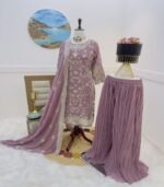 Pure Georgette Kurta Sharara Dupatta Set Indian Wedding Wear Dress Salwar Kameez - Image 2