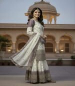 Ladies Heavy Dual Tone Peding Star Georgette with Embroidery Work Palazzo Suit - Image 3