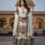 Ladies Heavy Dual Tone Peding Star Georgette with Embroidery Work Palazzo Suit