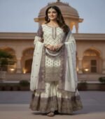 Ladies Heavy Dual Tone Peding Star Georgette with Embroidery Work Palazzo Suit