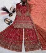 Ladies Heavy Fandy Crunshi Silk Material with Sequance Embroidery Work Sharara Palazzo Suit - Image 3