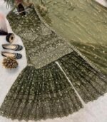Olive Green Embroidery Crush Silk Sharara Suit with Dupatta Premium Wedding Wear - Image 3