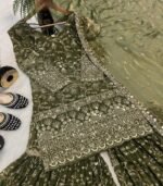 Olive Green Embroidery Crush Silk Sharara Suit with Dupatta Premium Wedding Wear - Image 4