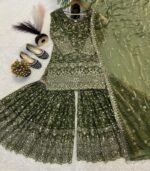 Olive Green Embroidery Crush Silk Sharara Suit with Dupatta Premium Wedding Wear - Image 5
