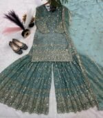 Blue Embroidery Crush Silk Sharara Suit with Dupatta Premium Wedding Wear - Image 4