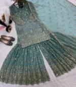 Blue Embroidery Crush Silk Sharara Suit with Dupatta Premium Wedding Wear - Image 3