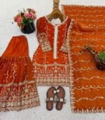 Ladies Designer Sharara Suit with Embroidery (Fendy Fabric) - Readymade Kurta, Sharara & Dupatta Set - Image 4