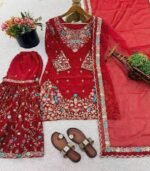 Wedding Wear Embroidery Red Color 3-Piece Anarkali Sharara Set - Image 6
