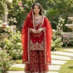 Wedding Wear Embroidery Red Color 3-Piece Anarkali Sharara Set