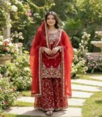 Wedding Wear Embroidery Red Color 3-Piece Anarkali Sharara Set