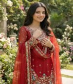 Wedding Wear Embroidery Red Color 3-Piece Anarkali Sharara Set - Image 2