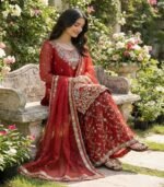 Wedding Wear Embroidery Red Color 3-Piece Anarkali Sharara Set - Image 3