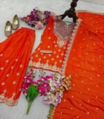 Embroidered Chinon Chiffon Sharara Suit in Orange - Image 4