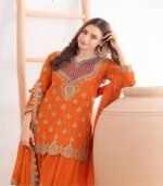 Embroidered Chinon Chiffon Sharara Suit in Orange - Image 2