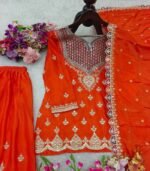 Embroidered Chinon Chiffon Sharara Suit in Orange - Image 3