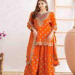 Embroidered Chinon Chiffon Sharara Suit in Orange