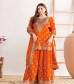 Embroidered Chinon Chiffon Sharara Suit in Orange