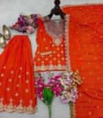 Embroidered Chinon Chiffon Sharara Suit in Orange - Image 5