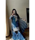 Exclusive Blue Georgette Embroidery Work Sharara Suit With Dupatta