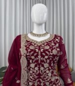 Maroon Color Heavy Embroidery Work Faux Georgette Fabric  Designer Salwar Suit - Image 5