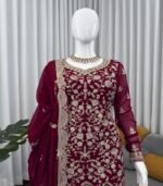 Maroon Color Heavy Embroidery Work Faux Georgette Fabric  Designer Salwar Suit - Image 4