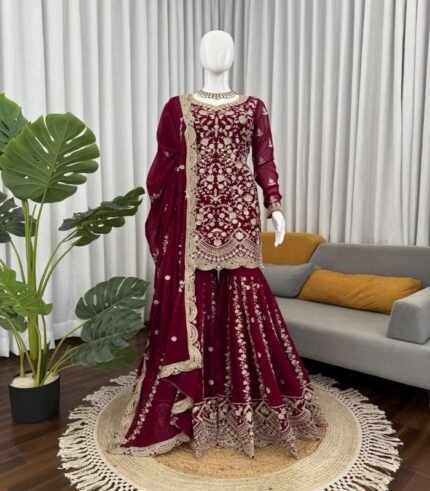 Maroon Color Heavy Embroidery Work Faux Georgette Fabric  Designer Salwar Suit