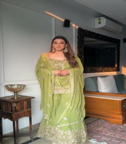 Readymade Georgette Ladies Designer Sharara Suit with Embroidery for Casual Wear (Kurta, Sharara & Dupatta)