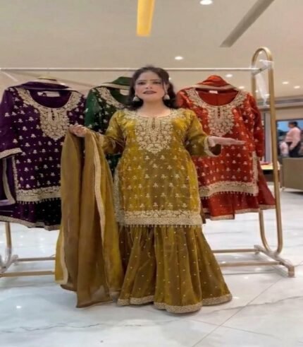 Sparkling Gmy Choo Embroidery Sequin Work Sharara Suit with Lace Border Dupatta