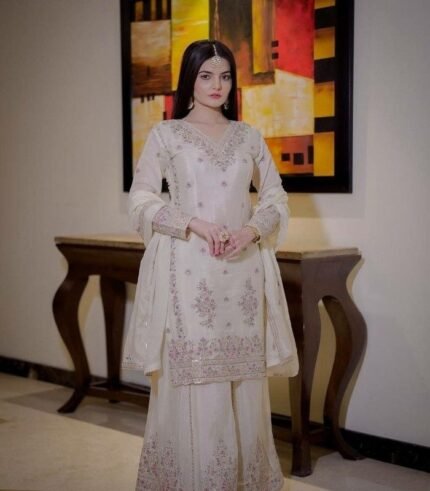 Cream Silk Blend Embroidered Palazzo Set Stitched