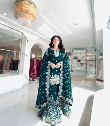 Womens heavy embroidered kurta palazzo set with dupatta | festive-wear